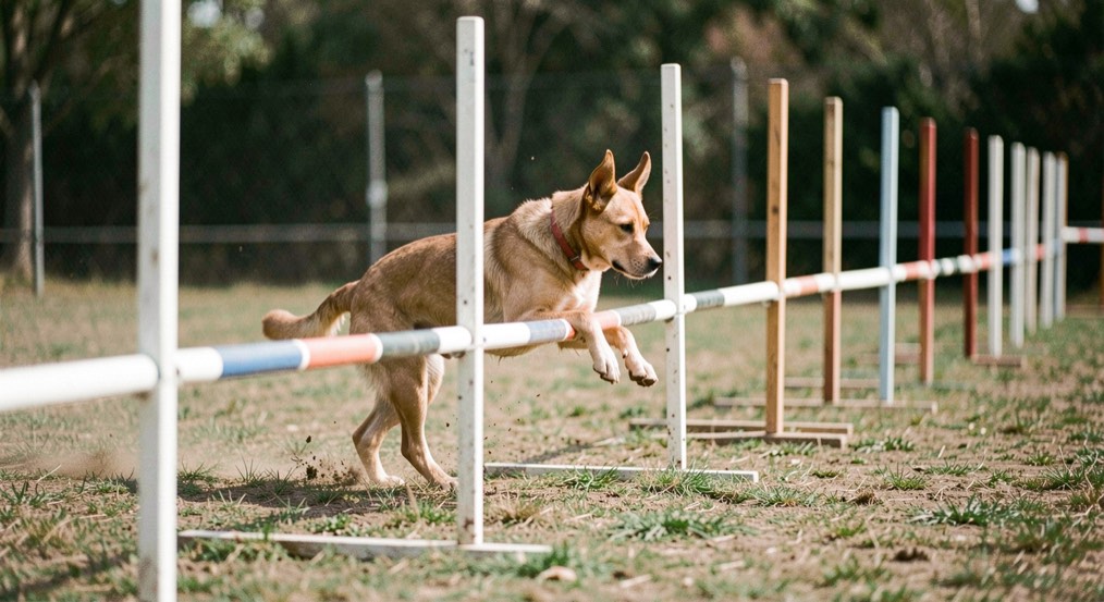 Ein Hund webt durch eine Slalomstange, der Körper zwischen zwei Stangen gekippt, die folgenden Stangen in einer Linie