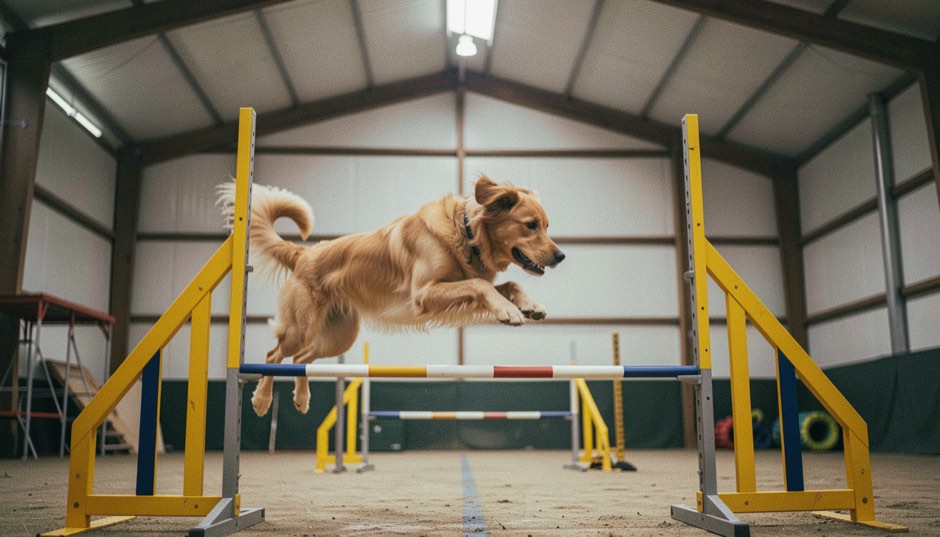 Ein mittelgroßer Hund springt über eine gelbe Agilitywand, das Gerät füllt die Bildhöhe, Hallenlicht von oben