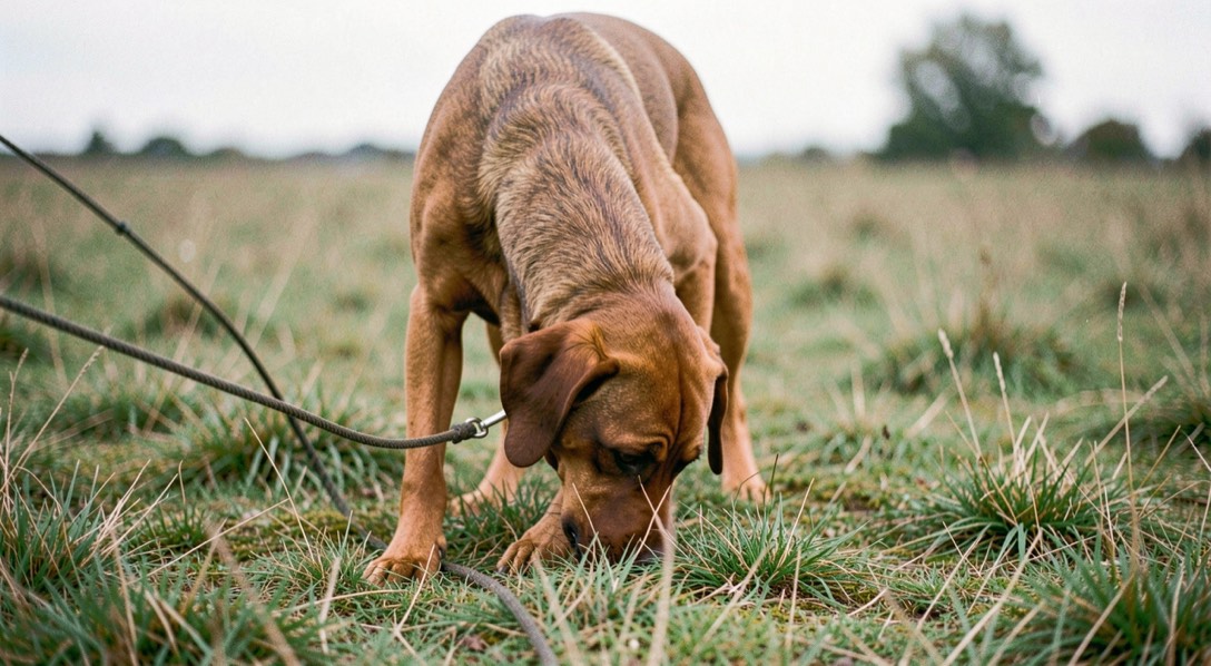 Ein brauner Hund mit gesenktem Kopf arbeitet eine Fährte über eine Wiese, die Nase kurz über dem Gras, die Leine lose hängend
