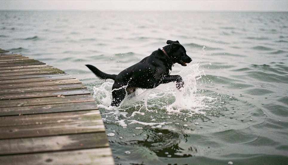 Ein schwarzer Hund springt vom Ufersteg ins Wasser, nur der vordere Körper und die aufspritzende Gischt scharf