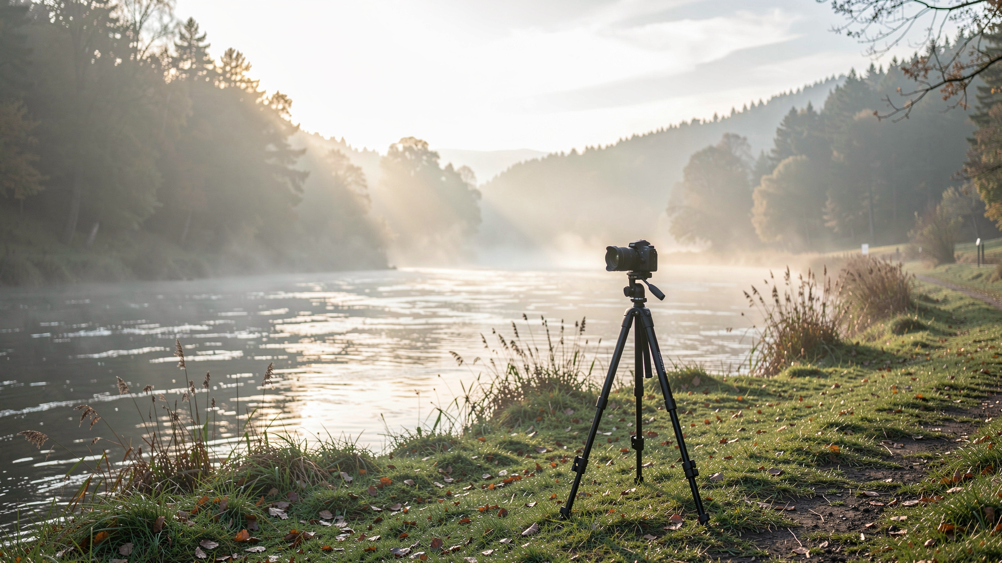 Ein Flussufer im Fuldatal am frühen Morgen, Nebel über dem Wasser, ein Stativ mit Kamera im Vordergrund, Gegenlicht, weite Totale.