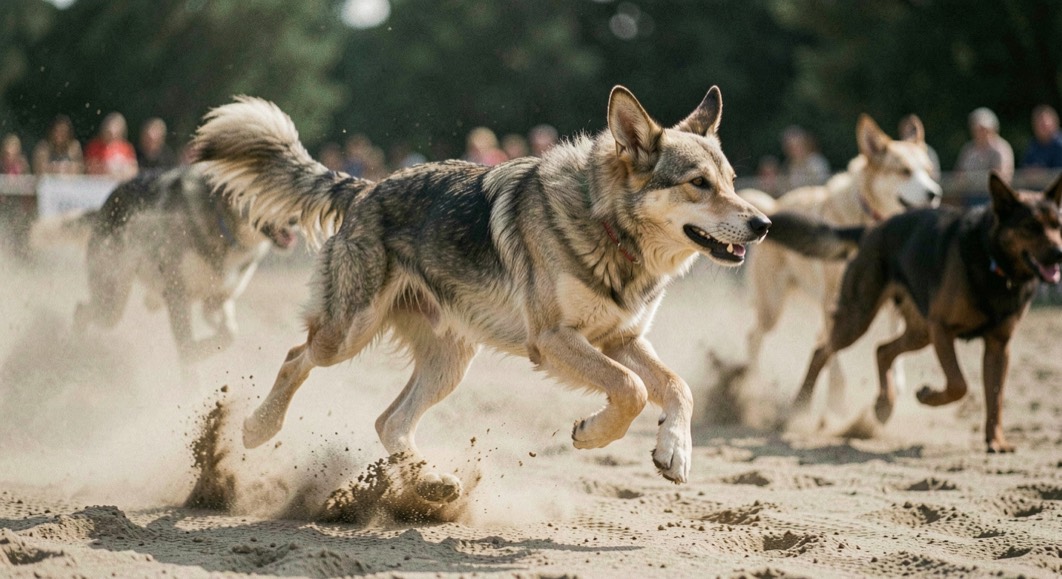 Nahaufnahme von Hundeläufen im Galopp, Sand stäubt von den Ballen, der Boden unscharf