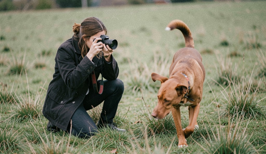 Eine Fotografin in dunkler Jacke kniet auf einer Wiese, die Kamera vor dem Gesicht, einem braunen Hund nachschwenkend