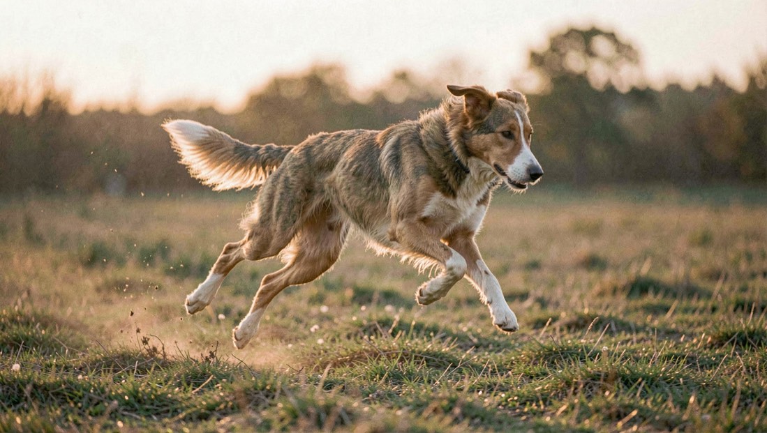 Ein windhundartiger Hund galoppiert in der Abendsonne über ein Feld, alle vier Läufe gleichzeitig in der Luft