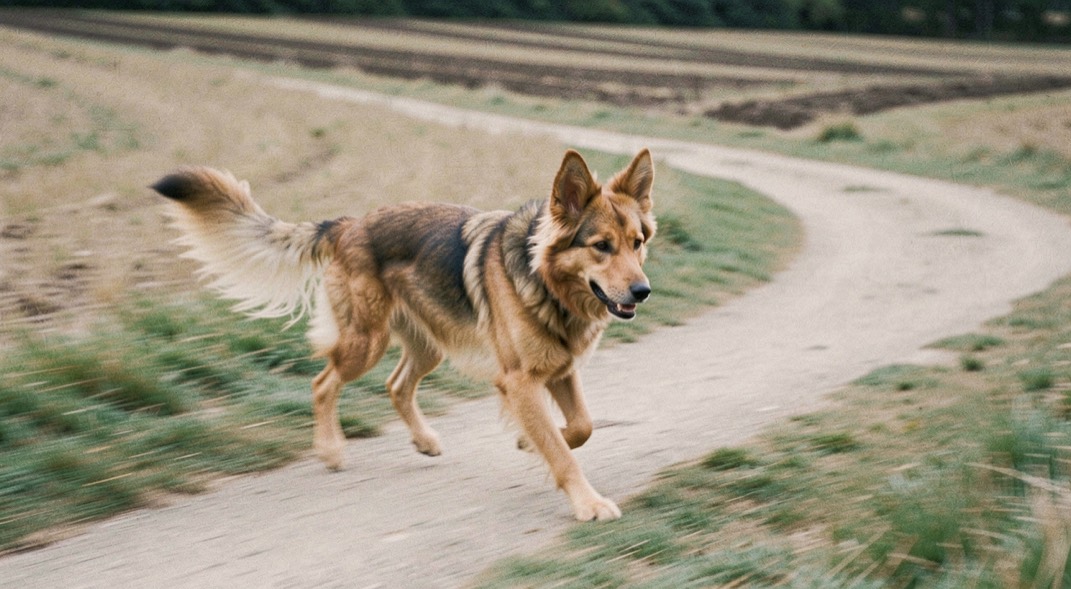 Ein Hund läuft auf einem Feldweg, Hintergrund zu Streifen verwischt, das Fell des Hundes bleibt scharf