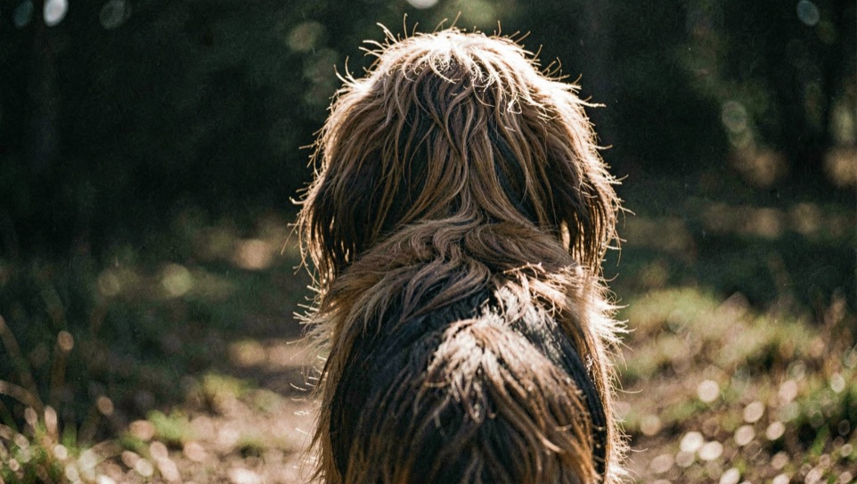 Ein langhaariger Hund steht rückseitig in tiefer Sonne, jede Haarspitze der Kanten leuchtet, das Gesicht liegt im Schatten
