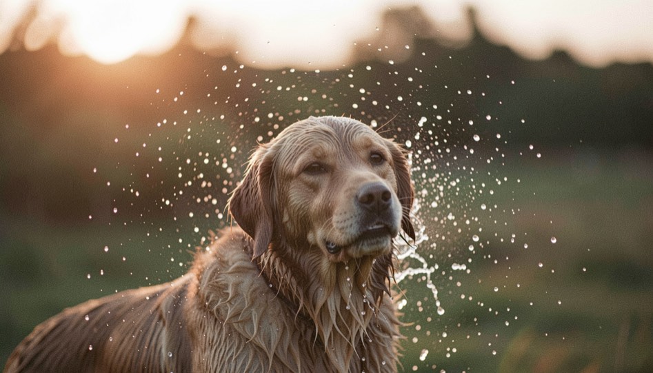 Ein nasser Hund schüttelt sich im Abendlicht, Wassertropfen als helle Punkte um den Kopf