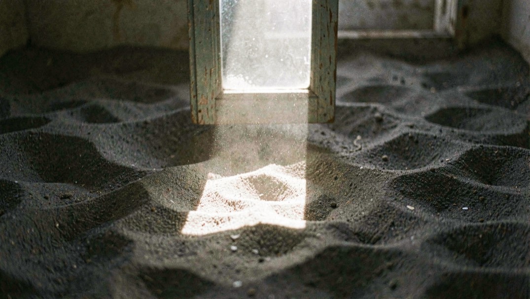 Ein schmales Hallenfenster wirft ein helles Viereck auf dunklen Sand, Staub schwebt im Lichtkegel