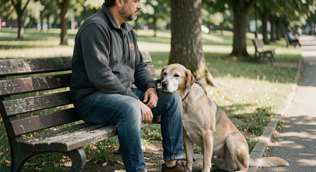 Ein Mann sitzt mit einem alten Hund auf einer Parkbank im Schatten, der Hund lehnt an seinem Bein