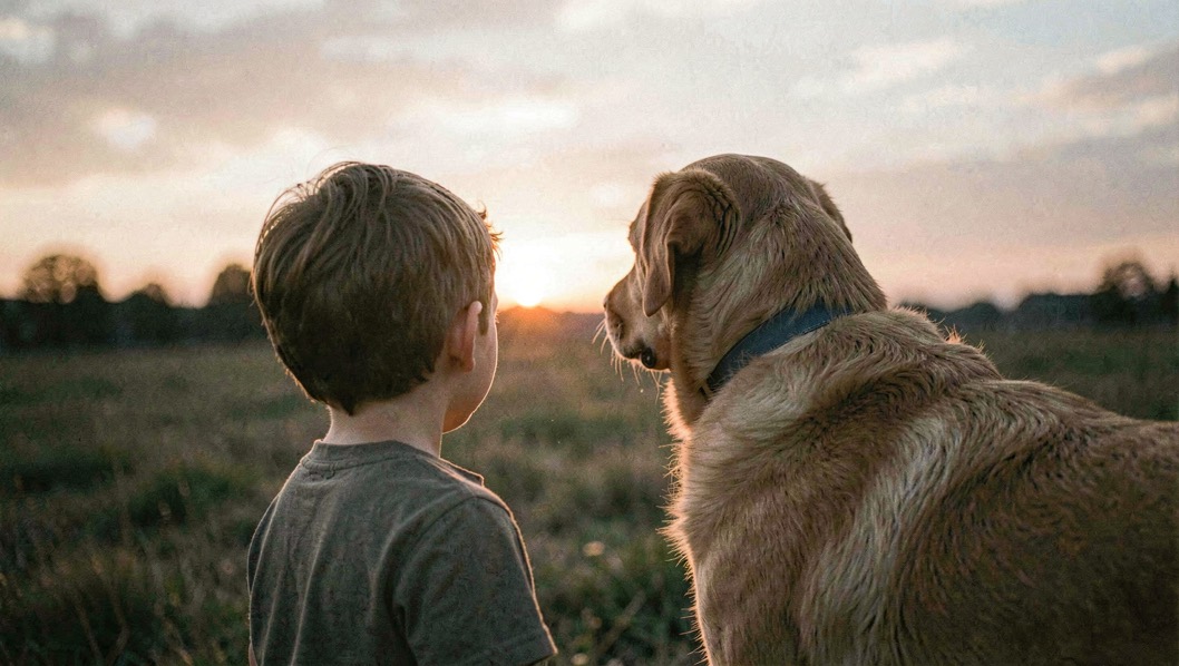 Ein Kind und ein großer Hund schauen gemeinsam in Richtung untergehender Sonne, beide von hinten seitlich gesehen