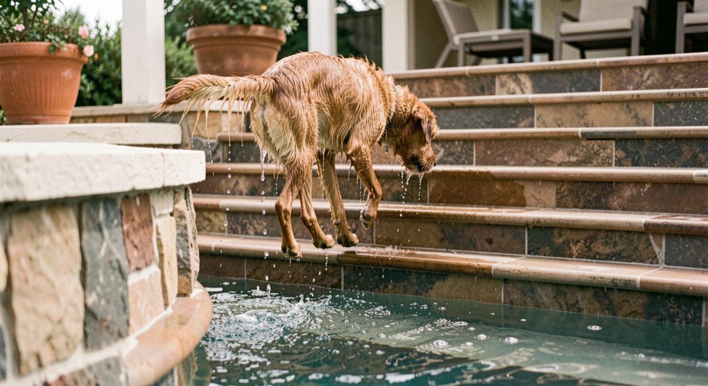 Ein nasser Hund steigt auf der breiten Steintreppe eines Pools zum Wasser, Tropfen fallen vom Fell, im Hintergrund eine Terrasse mit Blumentöpfen