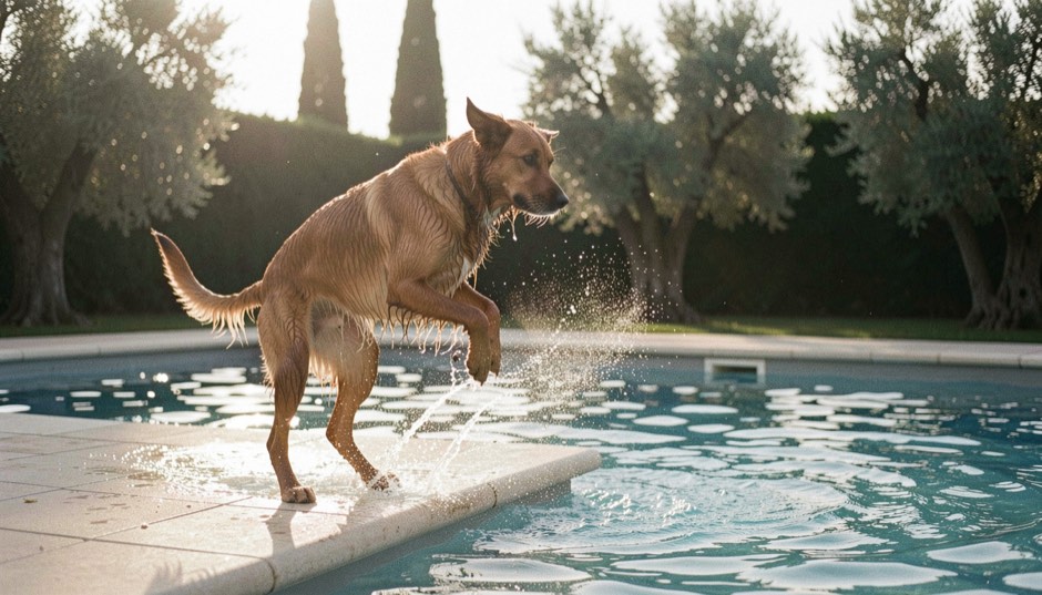 Ein nasser brauner Hund springt von einem Beckenrand aus heller Steinplatte in ein Schwimmbecken, Wasserspritzer leuchten im tiefen Gegenlicht, dahinter ein Garten mit Olivenbäumen.