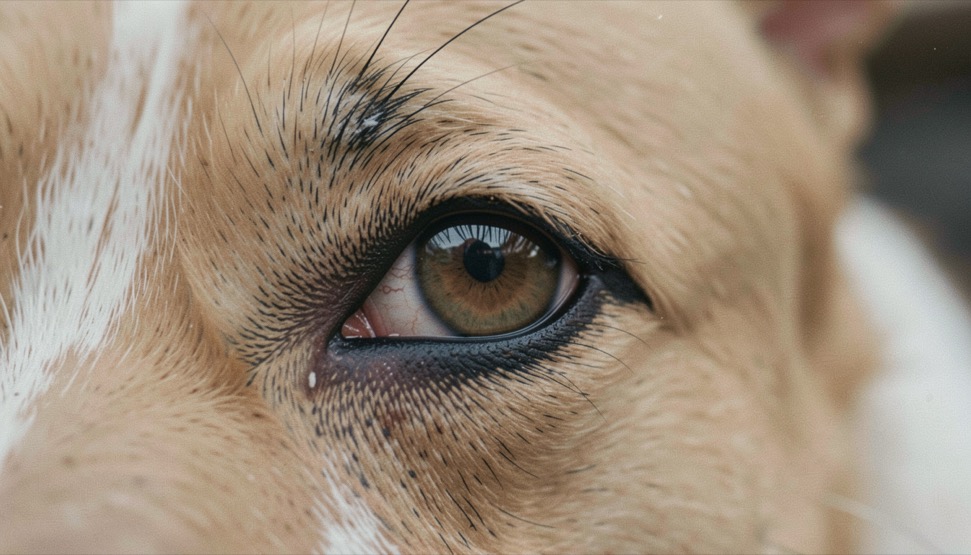 Extreme Nahaufnahme der Augenzone eines Hundes, das Auge offen, um den Pupillenrand helle Reflexe