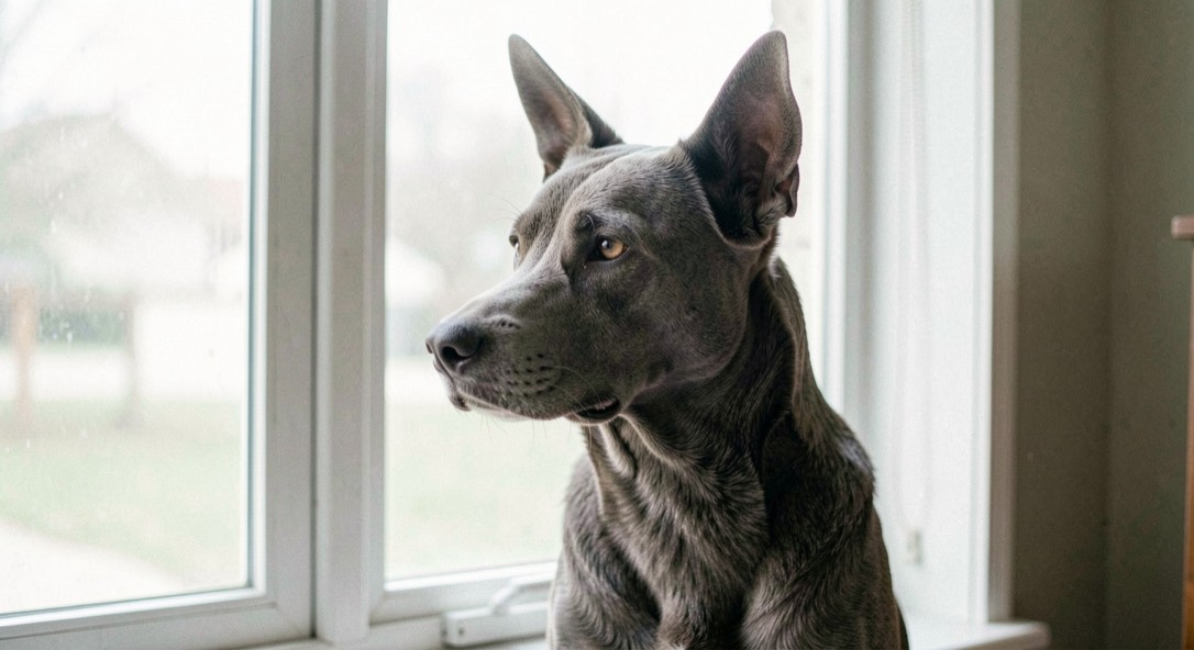 Ein grauer Hund sitzt seitlich vor einem hellen Fenster, der Kopf leicht gedreht, ein Ohr aufgerichtet, weiches Licht auf der Schnauze