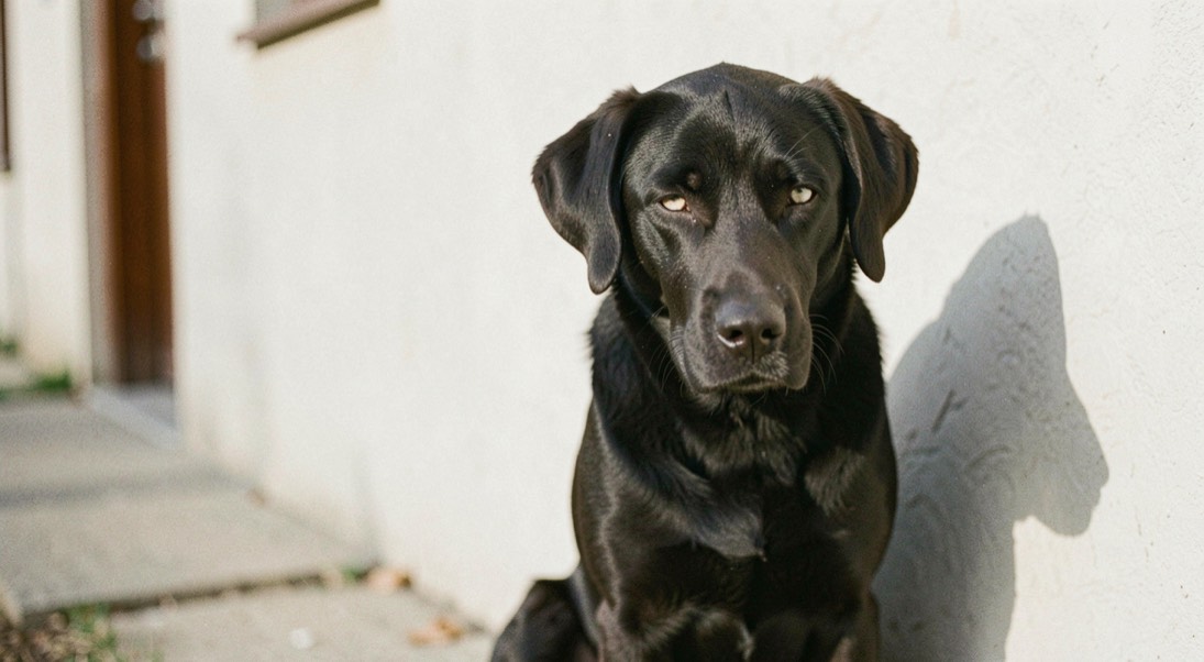 Ein dunkler Hund sitzt im Schatten einer hellen Hauswand, nur die Augenzone hell, der Grund ruhig