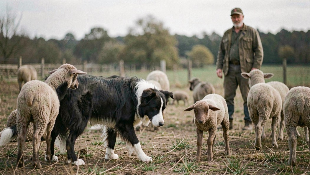 Ein Border Collie im tiefen Bogen vor einer kleinen Schafherde, Kopf gesenkt, Blick auf die Herde gerichtet, der Hirte abseits stehend