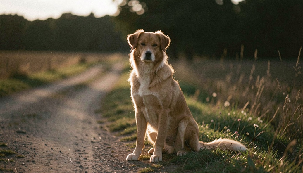 Ein Hund sitzt im warmen Gegenlicht am Rand eines Feldwegs, die Fellkanten leuchten, der Hintergrund sinkt in Dunkelheit