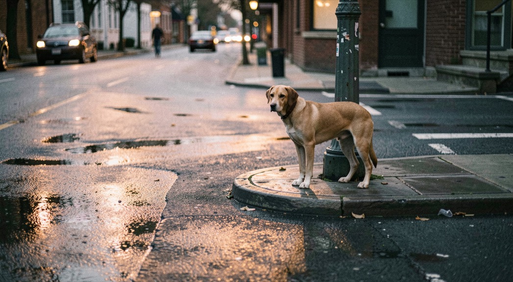 Ein Hund wartet an einer Straßenecke im Laternenlicht der Dämmerung, der Boden nass und spiegelnd