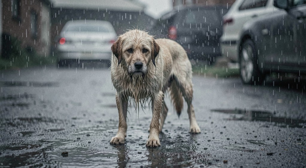 Ein nasser Hund mit hängendem Fell steht im grauen Regen auf einem dunklen Platz, das Bild in gedämpften blaugrauen Tönen