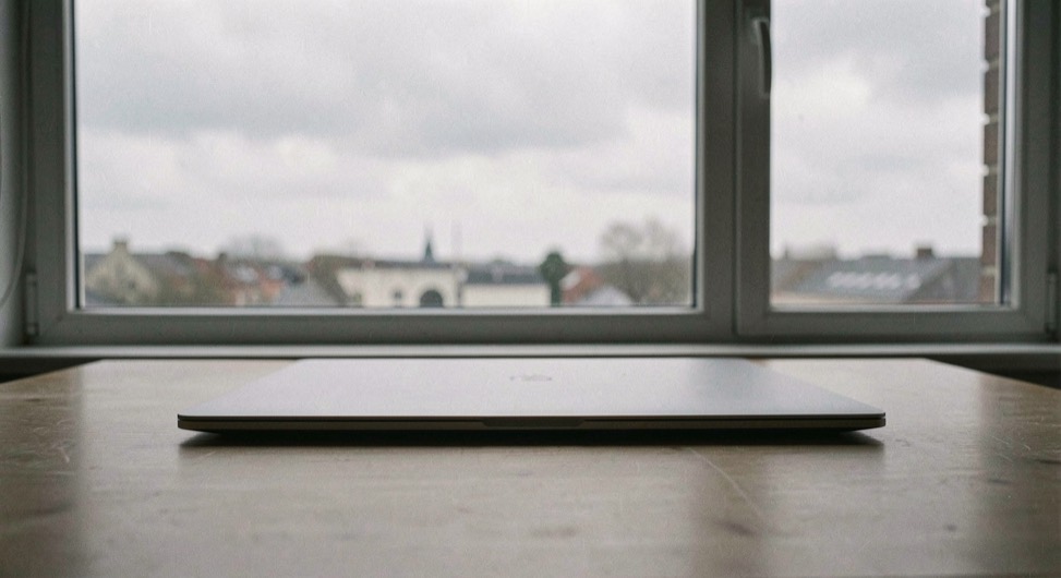 Ein geschlossener Laptop auf einem leeren Tisch am Fenster, draußen ein grauer Himmel
