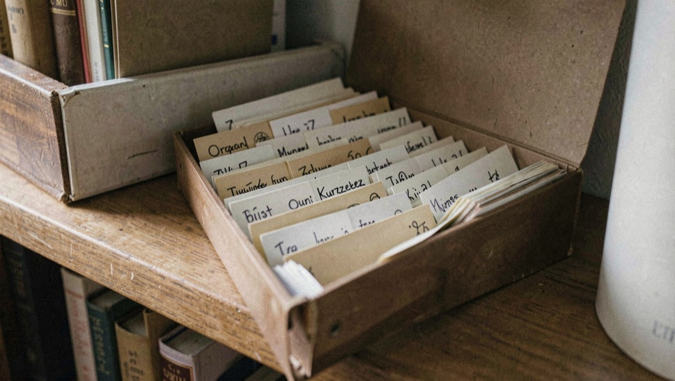 Ein Ordner mit Reiterkarten steht offen auf einem Regalbord, die Karten mit handschriftlichen Kurzzeichen
