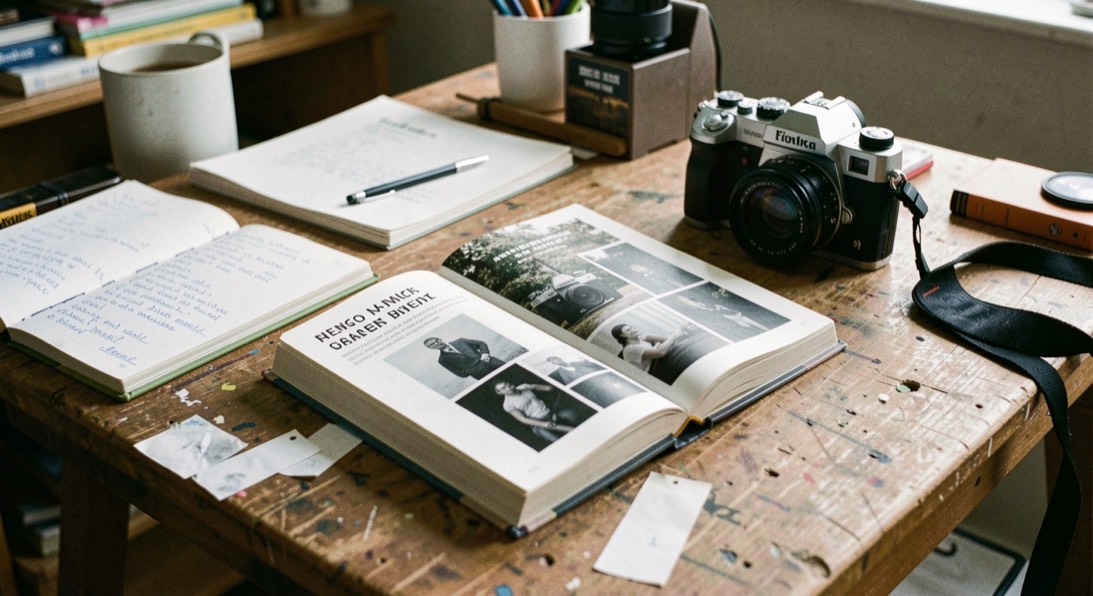 Ein Arbeitstisch mit einem aufgeschlagenen Fachbuch über Fotografie, Notizen und eine ruhende Kamera darauf