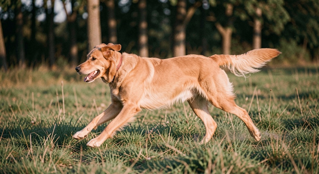 Ein hellbrauner Hund galoppiert quer durch spätnachmittagliches Gras, die Läufe voll gestreckt, im Hintergrund eine unscharfe Baumreihe