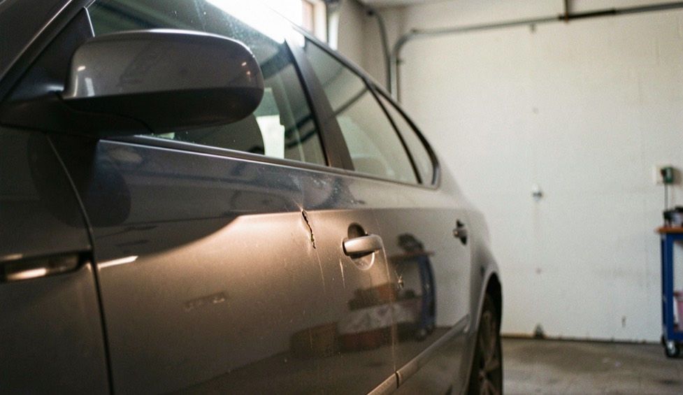 Die Seitentür eines dunkelgrauen Kombis in einer Garage, eine flache Handleuchte hält das Licht fast parallel zum Blech, eine kleine Delle wirft eine dünne Schattenkante, im Hintergrund eine helle Wand.