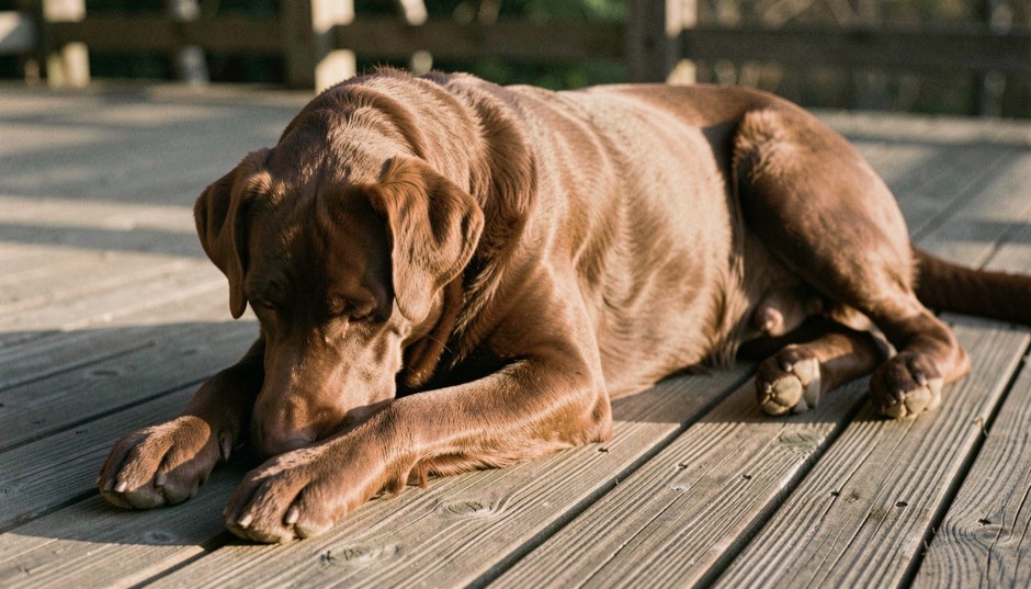 Ein brauner Labrador liegt auf einer Holzterrasse, tief stehende Sonne streift flach über das kurze Fell und zeichnet jede Welle des Haars