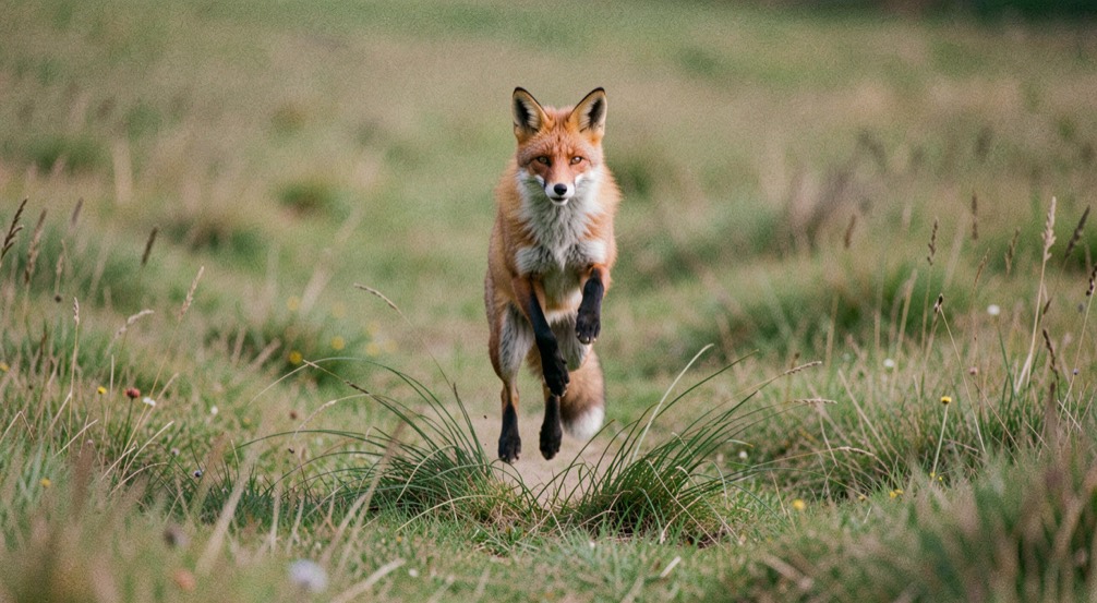 Ein roter Fuchs springt hoch über eine Wiese, der Körper senkrecht über dem Punkt des Einschlags, Gras gebogen