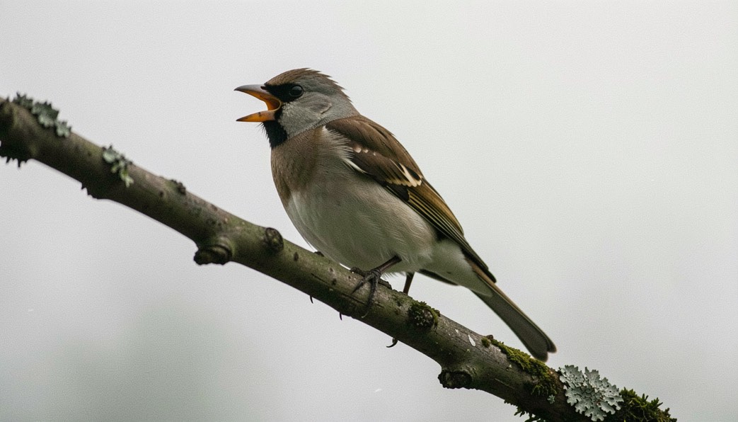 Ein Singvogel auf einem Ast in der Morgenluft, der Schnabel offen, hinter ihm hellgrauer Dunst