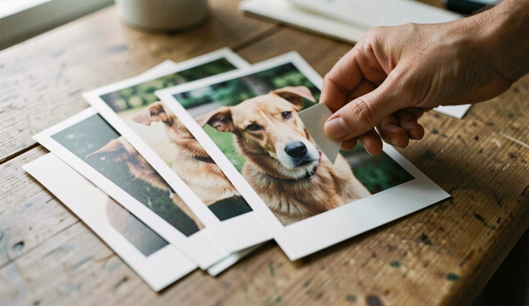 Lose Fotodrucke eines Hundes liegen fächerförmig auf einem Tisch, eine Hand wählt gerade einen Abzug aus
