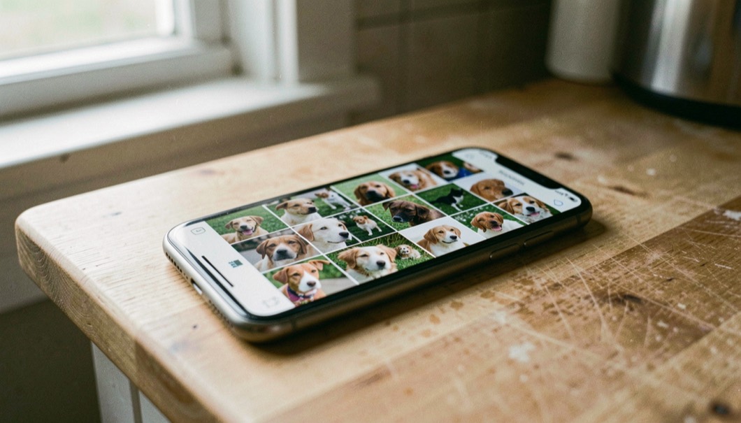 Ein Smartphone liegt auf einer Küchenablage, der Bildschirm zeigt eine Bildergalerie mit vielen Hundeaufnahmen in Rasteransicht